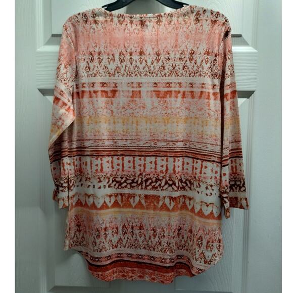 One World Women's Size Large Abstract Boho Embellished 3/4 Sleeves Top - Picture 3 of 6